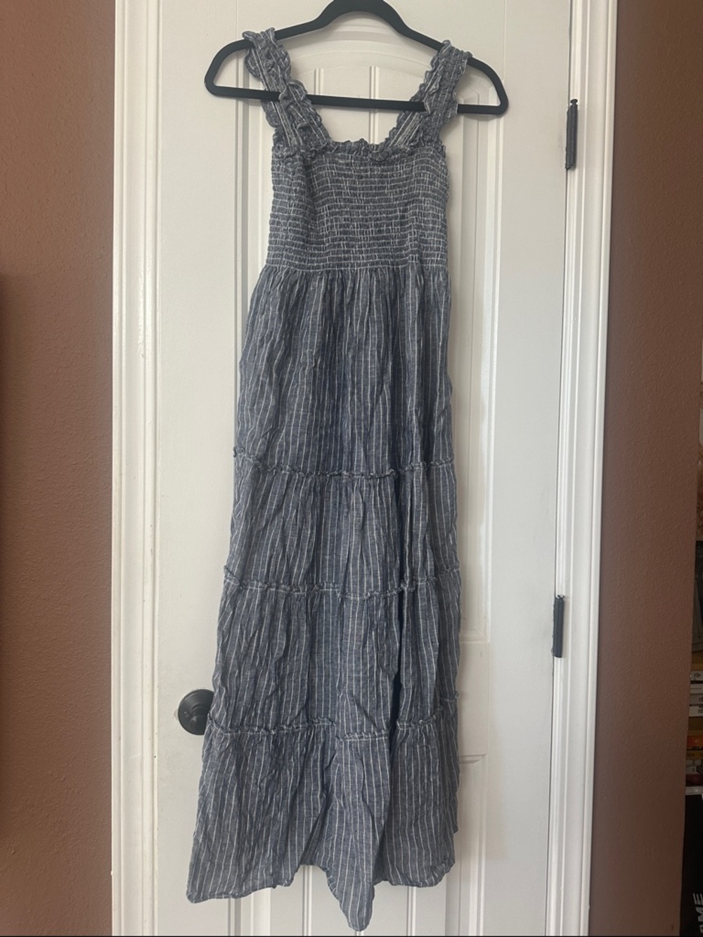 Quince Blue Striped Smocked Linen Midi Dress - Picture 9 of 10
